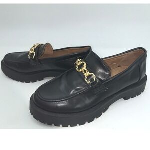 Sam & Libby Black Chunky Loafers Gold Chain Lug Sole Preppy Chic 8 Academia